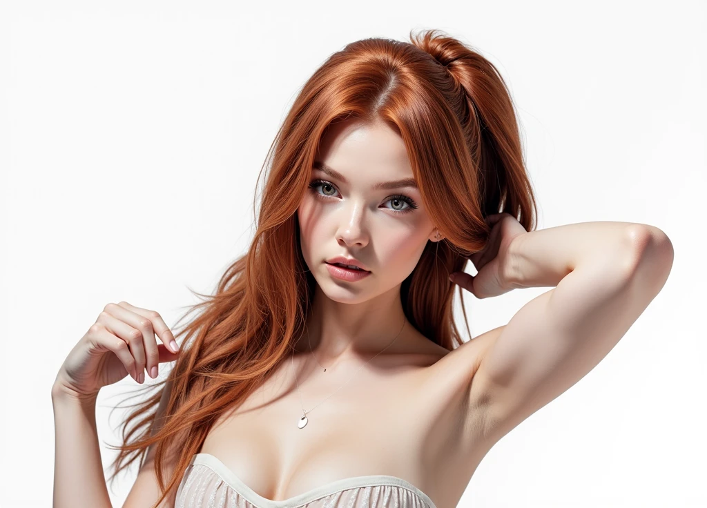 hyper-realistic photo of a woman with (((Red hair))), shown from the bust up, (((8))), with the entire upper body fully visible within the frame. Her hair must be extremely voluminous(((Red hair))), well maintained and perfectly styled. Make sure the woman is portrayed with a clear and natural expression. (((white background))), No details or distractions, just a smooth white surface. The entire upper body of the woman should be fully visible, without any part cut off. (((white background))) Use soft, flat lighting to highlight the texture and shine of her hair and skin.(((Red hair))). The photo must be ultra photorealistic, (((white background))), clear as crystal, 8K UHD, with fine details and a high quality polished finish. Make sure the entire image is sharp and in focus., no blur or softness. Use the lens at its widest aperture to achieve maximum sharpness and ensure that every detail in the image is perfectly clear and in focus..