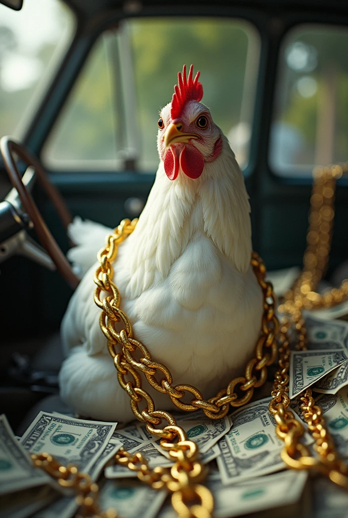 A white hen in car with 3 Big Golden chain and many 
 cash