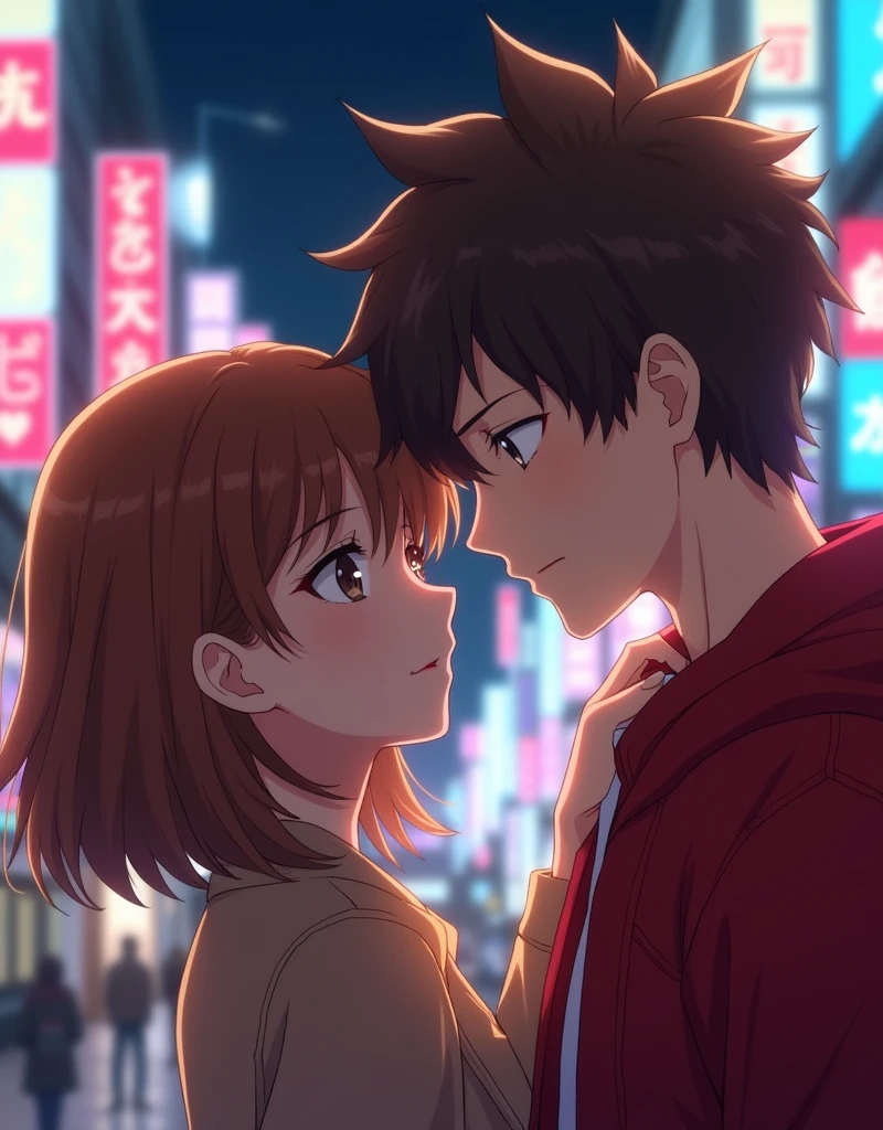 Create a Japanese anime style landscape image. Digital illustration in an anime style, featuring a close-up of two characters standing face-to-face in a nighttime urban setting. The background is blurred, showcasing colorful, out-of-focus city lights and neon signs, creating a vibrant and romantic atmosphere. The female character has shoulder-length brown hair, fair skin, and is wearing a beige coat. She has a serious yet tender expression, with her eyes gazing intently at the male character. The male character has short, tousled brown hair, fair skin, and is wearing a red jacket. He is looking down at the female character with a gentle and affectionate expression. The lighting highlights their faces, emphasizing the emotional connection between them.