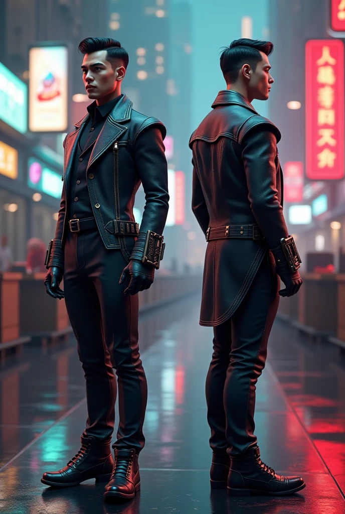 Can you make 3d pose character game survey front and back and the theme is cyber nostalgia debonair male  