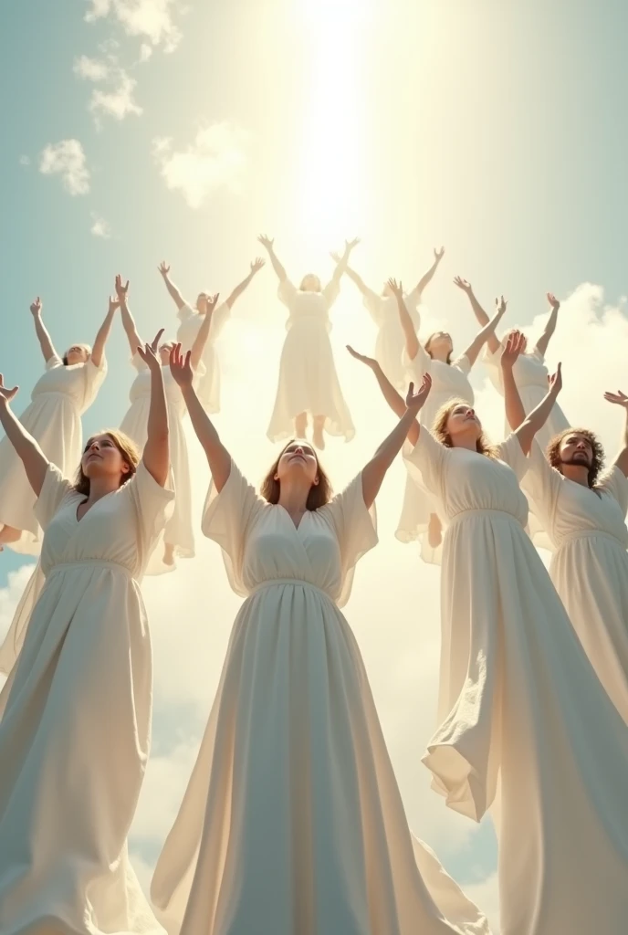 Create men and women dressed in white robes flying upwards with their hands raised towards the sky