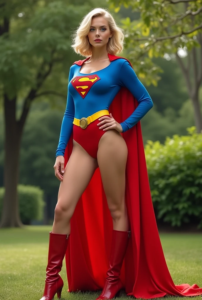 A SEXY LARGE BREASTED TEEN FEMALE, SHORT BLONDE HAIR, BLUE EYES, WEARING A 1970 BLUE BUTTONLESS, COLLARLESS OPEN SUPERGIRL V BLOUSE WITH THE "S"EMBLEM ON THE RIGHT SIDE OF HER CHEST SEEMLESSLY ATTACHED TO PAIR OF RED SHORTS WITH A YELLOW SUPERGIRL BELT, TALL RED HEELED BOOTS, A BLUE CHOKER, AND A LONG FLOWING RED CAPE. .INCREDIBLEY DETAILED AND TEXTURED IN FULL 8K HD RESOLUTION. PARK BACKGROUND.