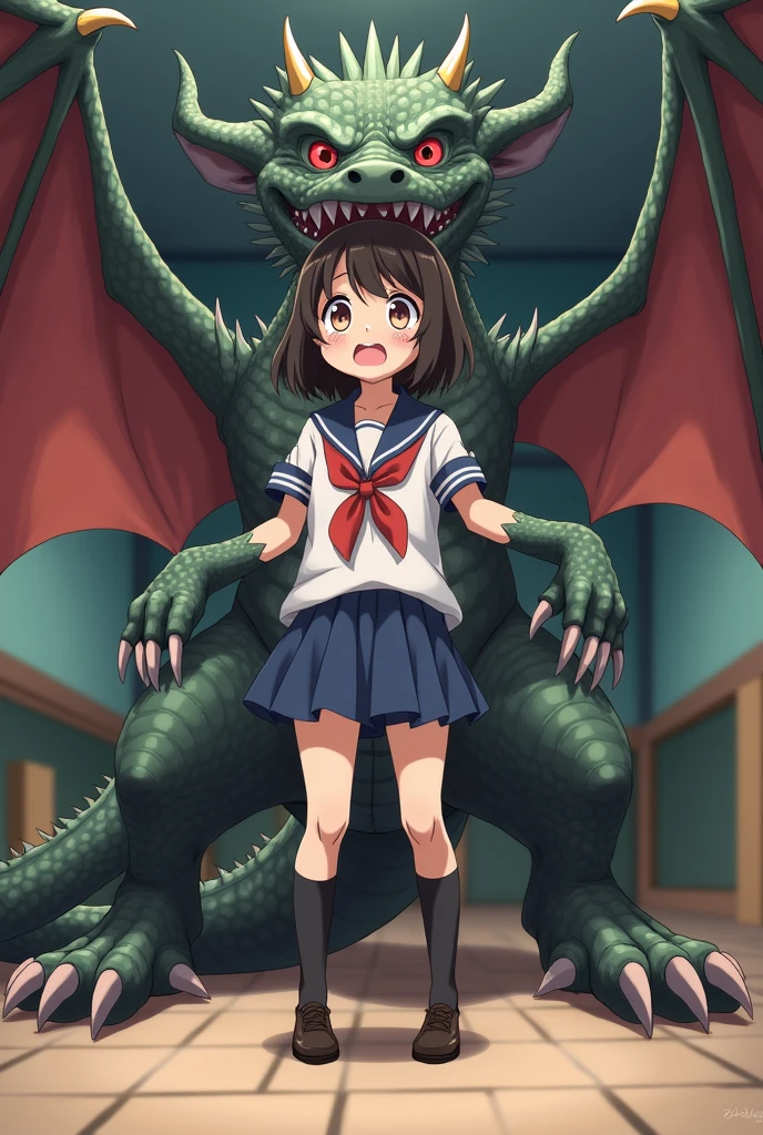 A girl's lower_body is transforming into a dragon(four legs)(scared)(Japanese anime style)(scared and crying)(dragon wings)(dragon angles)(dragon ears)（student costume）(dragon 1:5)