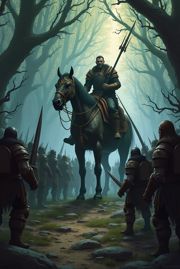 orcs ready for battle with the orc king leading the orc warriors on his mount in a dense forest at dusk