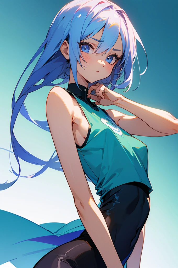 (Super detailed illustration), [Standing picture, upper body, close-up of girl:0.6], Slim body, Perfect body, Sleeveless shirt, Gradient background, Anime character, (Cute girl:1.1),