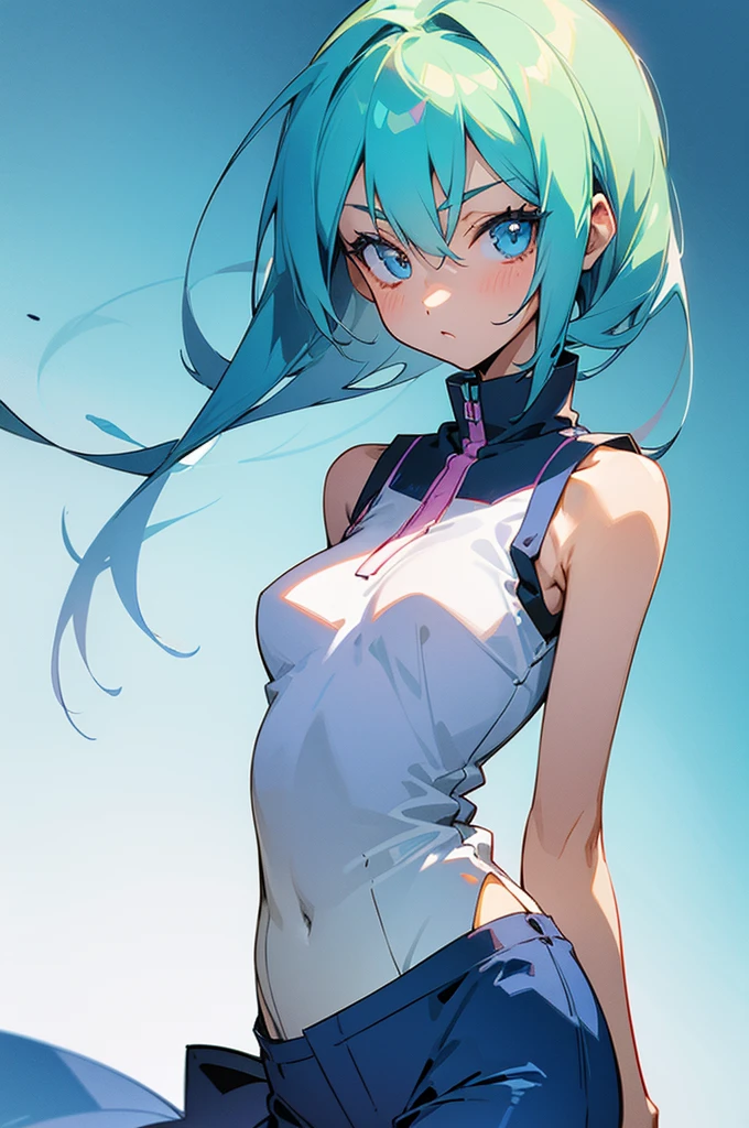 (Super detailed illustration), [Standing picture, upper body, close-up of girl:0.6], Slim body, Perfect body, Sleeveless shirt, Gradient background, Anime character, (Cute girl:1.1),