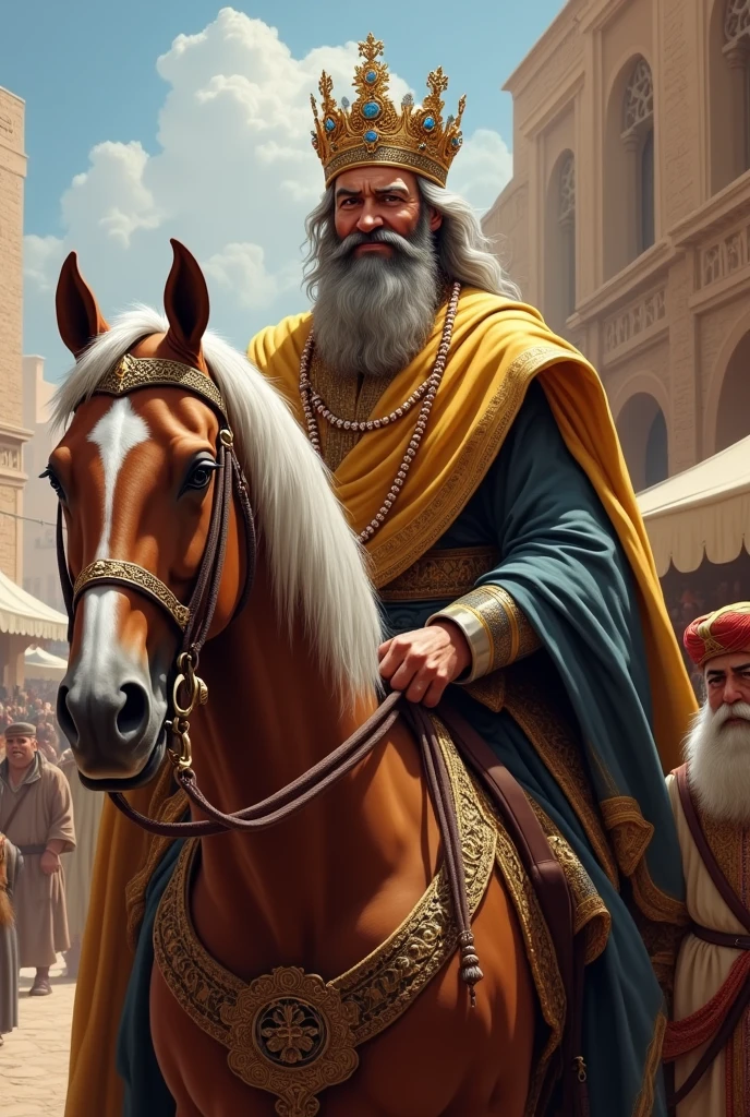 A Persian king with his crown smiling with a gray beard riding a horse in front of the horse being led by a Persian officer with a white beard holding the horse with a disapproving expression and in the background a Persian market