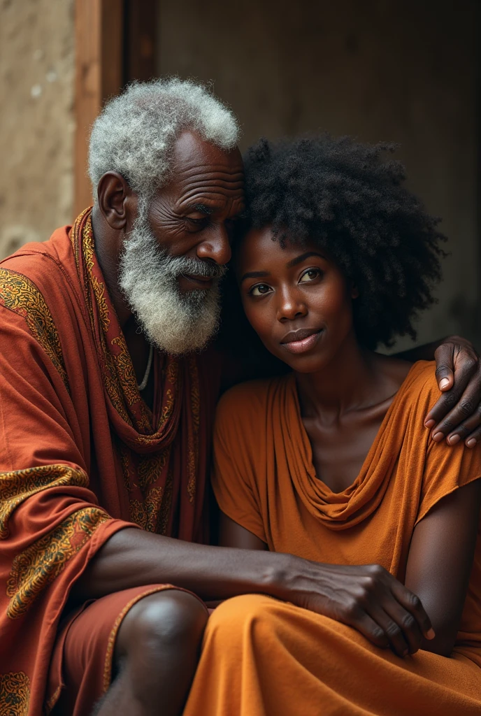 A black old man giving advice to a crying lady while sitting   wearing African traditions 