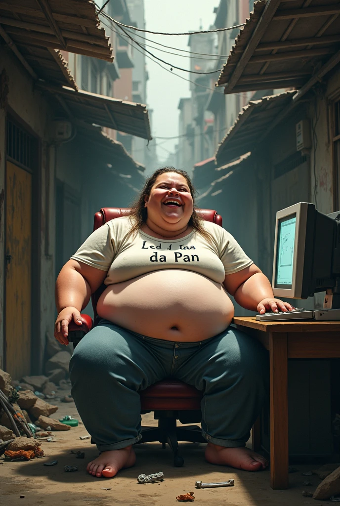 an extremely obese white woman in front of the computer in the favela with a shirt that says lela da pan and laughing