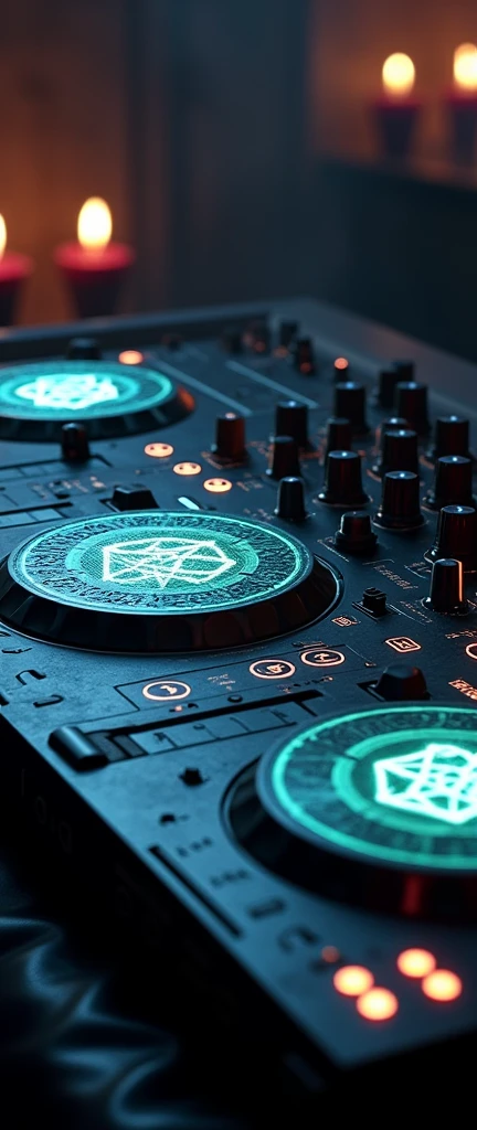 a gothic inspire goth DJ decks with glowing hex circle magic infusion design , depicting occult themes,