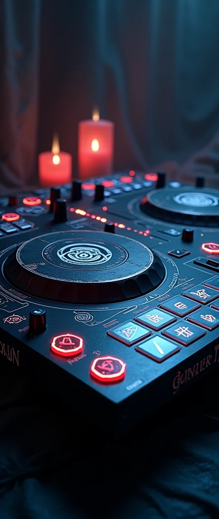 a gothic inspire goth DJ decks with glowing hex circle magic infusion design , depicting occult themes,
