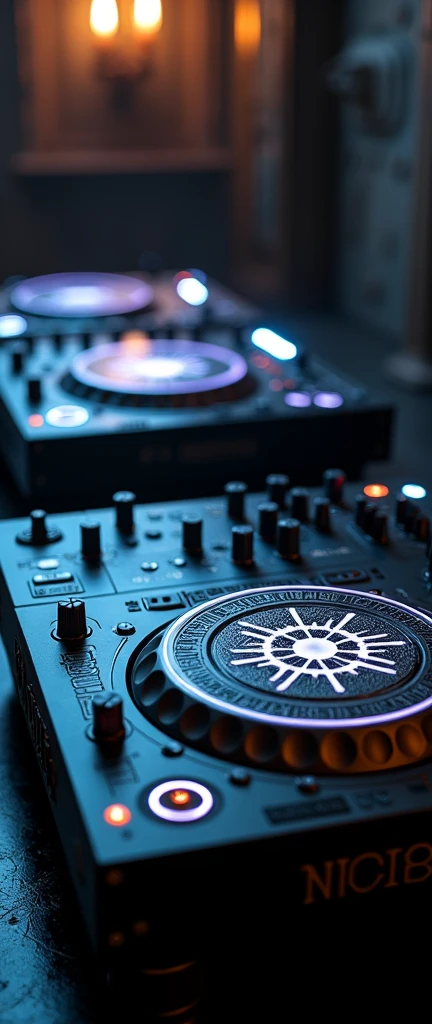 a gothic inspire goth DJ decks with glowing hex circle magic infusion design , depicting occult themes,