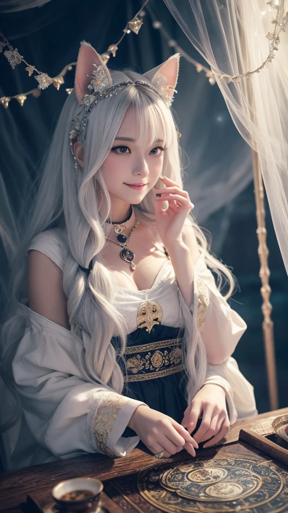 (masterpiece, highest quality, highest quality, official art, beautiful and aesthetic: 1.2), (one girl: 1.3), wavy long hair, white hair, Cat ears on the head,highly detailed portrait, highly detailed hands, looking at the viewer, alone, (whole body: 0.6), detailed background, close, shining eyes, (cold arctic winter theme: 1.1), fortune teller, Charlatan, grin, Mysterious, sitting at the table, カラフルな肩のないゆるいジプシーfortune tellerの服, holy grail, tarot cards, Crystal jade, Medieval (inner tent: 1.1) background, tent curtain on background, dark Mysterious lighting, Shadow, magical atmosphere, starry night, dutch angle, healing and guidance, transcendental beauty, fractal art, Seaweed,
