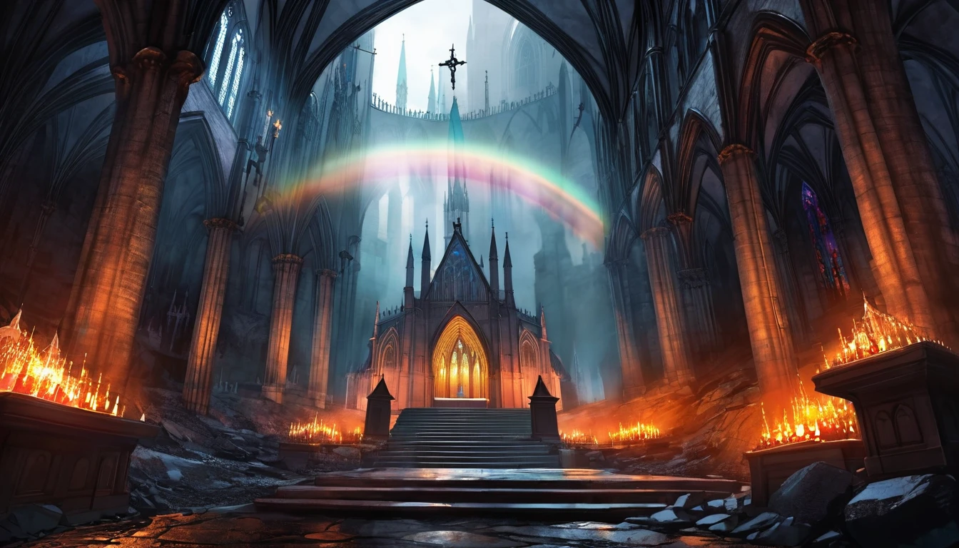 underground cave, gothic church in the center there is a pedestal with a rainbow fire