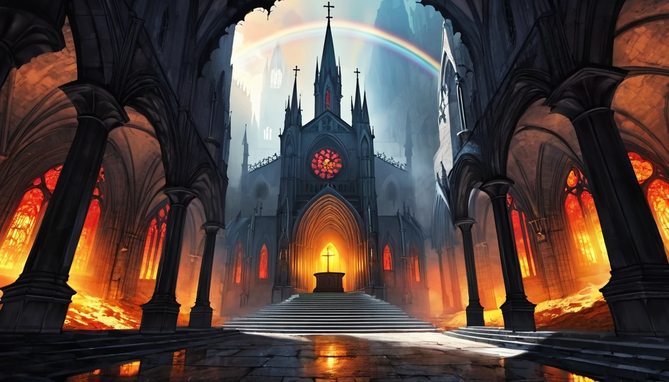 underground cave, gothic church in the center there is a pedestal with a rainbow fire