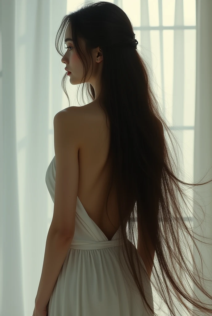 Generates an image of a woman with waist-length hair seen from the back