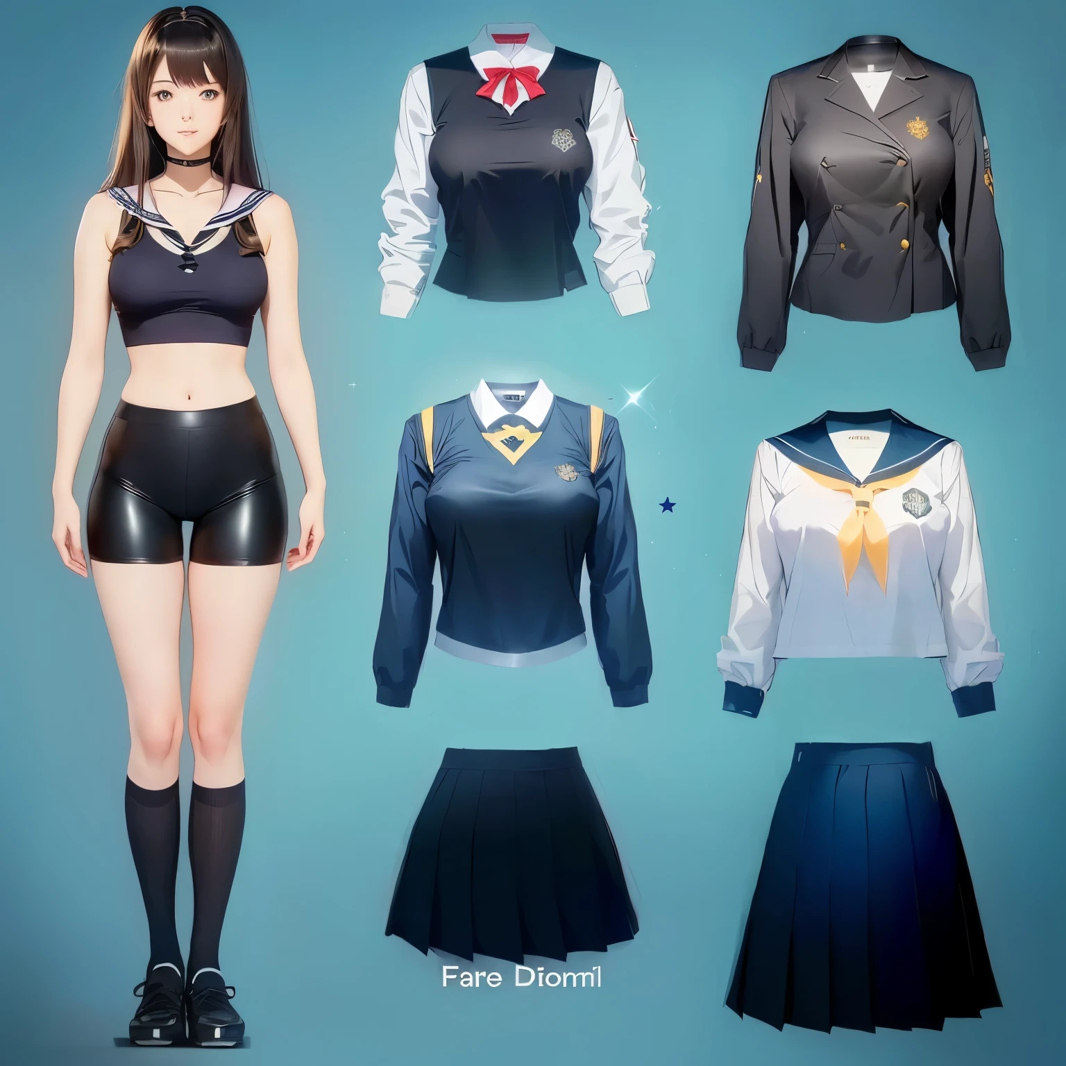 paper doll anime - style uniforms of a female with black spandex shorts in various poses, magical school student uniform, magic school uniform, kantai collection style, jk uniform, hyperrealistic schoolgirl, a hyperrealistic schoolgirl, realistic clothing, magic uniform university, school uniform, style anime, beautiful anime high school girl, realistic schoolgirl, anime set style, magic uniform, sailor uniform