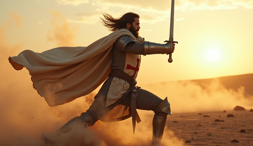 (masterpiece, best quality, ultra-detailed, photorealistic:1.4), (epic lighting, dynamic pose, cinematic:1.3), (focused on the hero), mid-length hair, well-groomed beard, (wearing a Templar knight armor with a red cross), (holding a sword with both hands, about to strike downward with a powerful vertical swing), (intense expression of determination on his face), (dust and debris around, adding dramatic effect), (dynamic wind blowing through his hair and cape), (sunset lighting casting long shadows on the battlefield), (highly detailed textures on the armor, showing scratches and battle damage), (background: barren desert battlefield, with scattered armor and weapons, slightly blurred to keep focus on the hero)