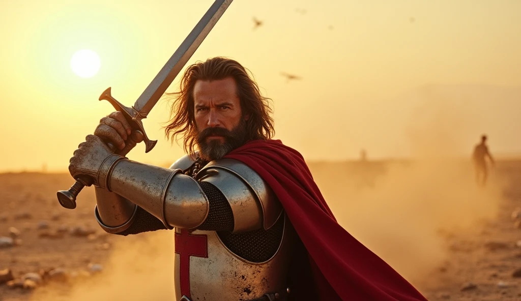 (masterpiece, best quality, ultra-detailed, photorealistic:1.4), (epic lighting, dynamic pose, cinematic:1.3), (focused on the hero), mid-length hair, well-groomed beard, (wearing a Templar knight armor with a red cross), (holding a sword with both hands, about to strike downward with a powerful vertical swing), (intense expression of determination on his face), (dust and debris around, adding dramatic effect), (dynamic wind blowing through his hair and cape), (sunset lighting casting long shadows on the battlefield), (highly detailed textures on the armor, showing scratches and battle damage), (background: barren desert battlefield, with scattered armor and weapons, slightly blurred to keep focus on the hero)
