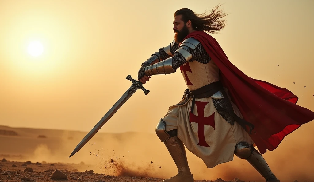 (masterpiece, best quality, ultra-detailed, photorealistic:1.4), (epic lighting, dynamic pose, cinematic:1.3), (focused on the hero), mid-length hair, well-groomed beard, (wearing a Templar knight armor with a red cross), (holding a sword with both hands, about to strike downward with a powerful vertical swing), (intense expression of determination on his face), (dust and debris around, adding dramatic effect), (dynamic wind blowing through his hair and cape), (sunset lighting casting long shadows on the battlefield), (highly detailed textures on the armor, showing scratches and battle damage), (background: barren desert battlefield, with scattered armor and weapons, slightly blurred to keep focus on the hero)