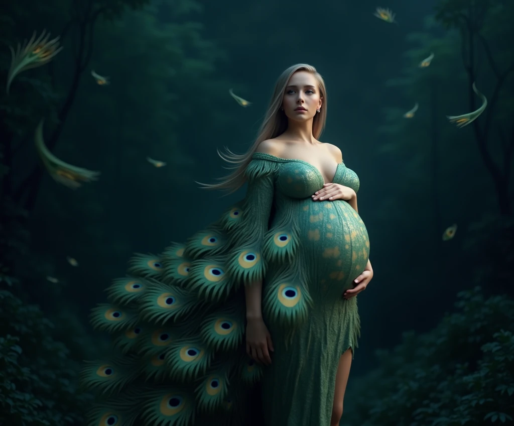 Make a realistic peacock with humanoid features of a pregnant woman, full body shot dress should be look like make peacock feather . hig hress image . green background peackock freather in background