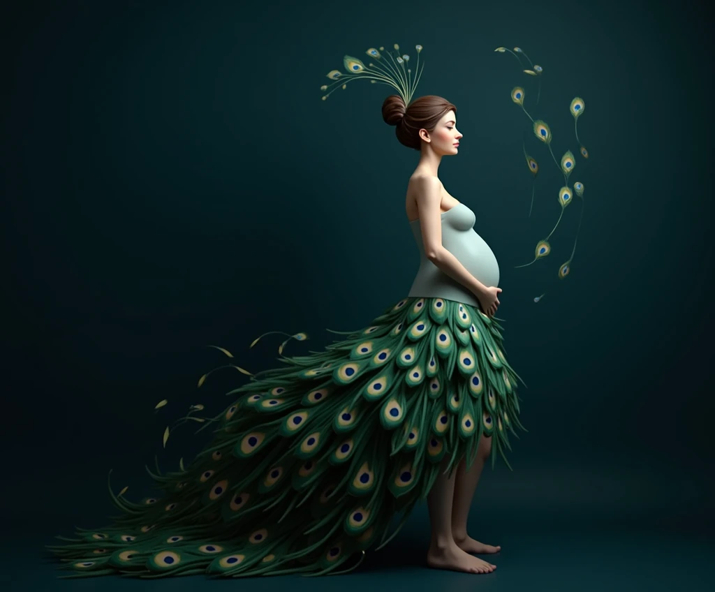 Make a realistic peacock with humanoid features of a pregnant woman, full body shot dress should be look like make peacock feather . hig hress image . green background peackock freather in background