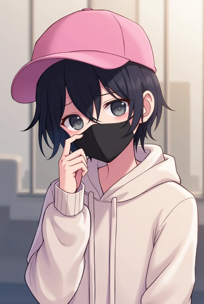 A digital illustration of a you person wearing a pink cap. They have tousled dark hair partially covering their forhead and are wearing a black face mask. The individual is touching the mask is with their hand,looking slightly downcast. They are dressed in a light-colored hoddie,and the background features soft,bluerd colorred,suggesting a casual setting