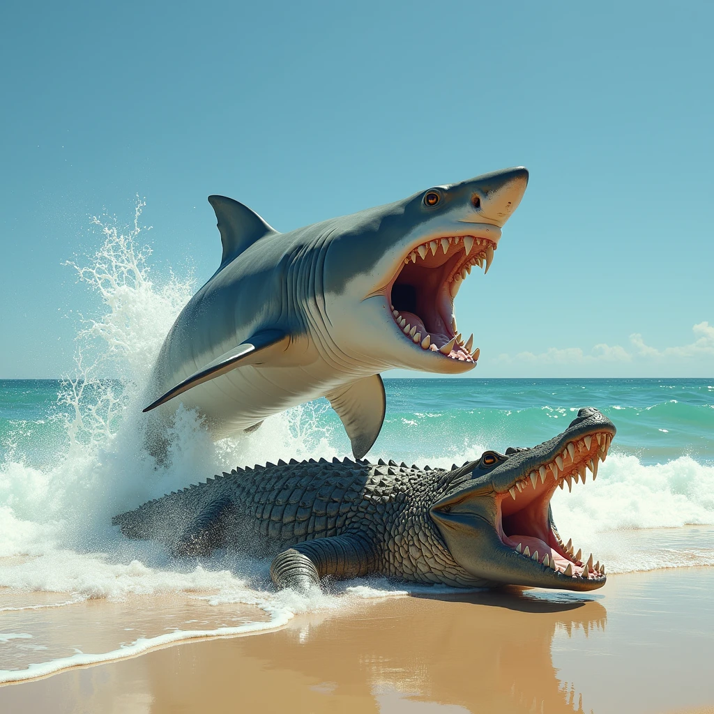 Great White Shark agresive jumping on a dead Saltwater Crocodile that it fought by the sea shore