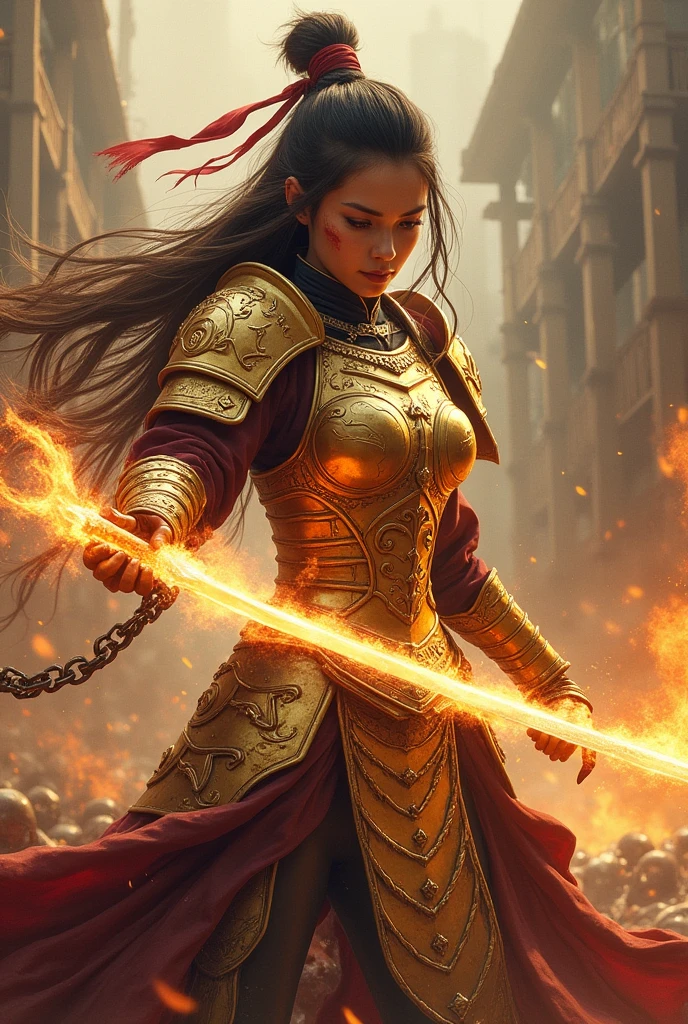 (((Realistic, masterpiece, best quality, crisp detail, high definition, high detail))), girl wearing golden armor, japan style heavy armor, full body armor, long straight hair, sweating, bloodstained, bloodbath, carnage, holding japan fire sword, in epic war, fire and smoke everywhere, death anywhere