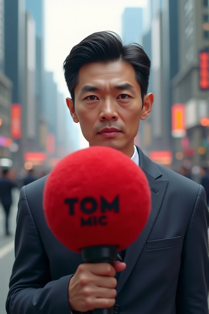 Draw a male journalist with an Asian face.  He was holding a red microphone as big as his head.  Microphone has the word TOM mic on it.