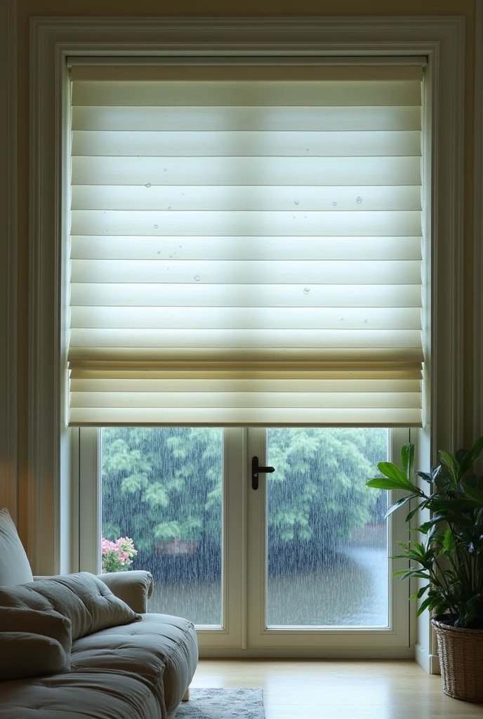 Generate an image of a monsoon blind in the Roman fold style. The blind should feature horizontal pleats and the strip should be in color that fold neatly when raised, made of water-resistant PVC Plastic to handle monsoon weather. The design should be simple and elegant, with subtle Roman-inspired patterns, and the scene should depict the blind partially lowered, with rain visible outside the material is PVC Plastic and it's transparent so the background are visible. It is used in patios and balconies.