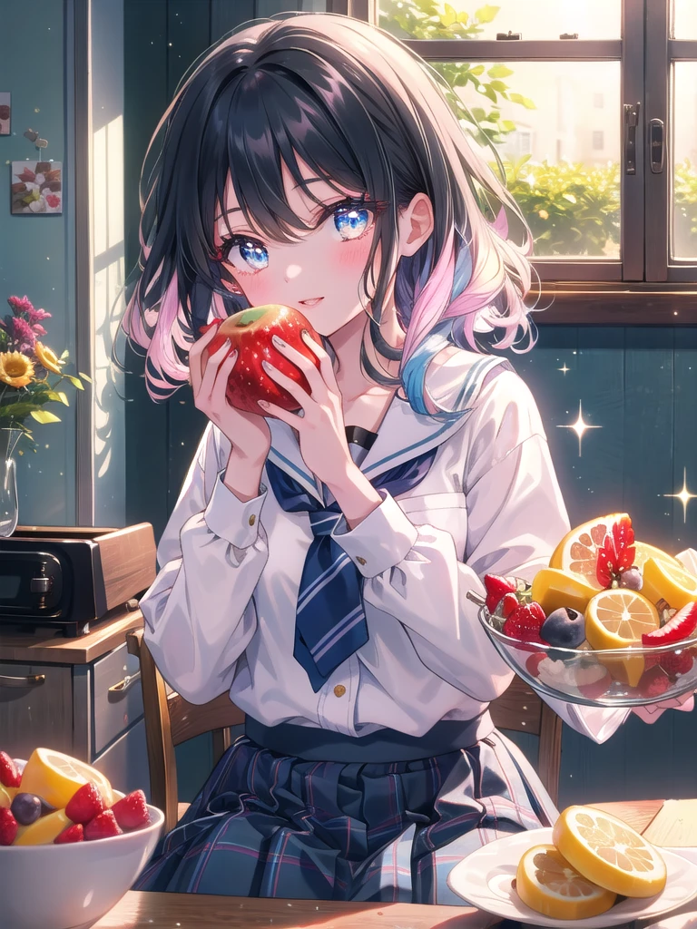 ((8k, Highest quality, masterpiece: 1.3)),Ultra-high resolution,(1 girl, alone), (Color changing eyes, Ultra-detailed, Expressive brilliance, Glitter, Glowing Eyes), Highly detailed eyes, Highly detailed face, Random Hair, ((pastel colour))A young girl with short, curly black hair sits at the kitchen table, enjoying a bowl of fruit. She’s wearing her school uniform—a white blouse with a navy blue skirt—and has already loosened her tie, which hangs loosely around her neck. Her expression is bright and cheerful, her eyes sparkling with joy as she looks directly at the camera, a piece of fruit held up to her lips. The kitchen is filled with natural light from a large window, and the table is set with a small plate of cookies, a glass of juice, and a vase of fresh flowers, adding a touch of color to the scene.