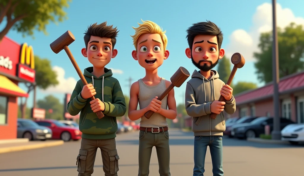 Im Stil von Pixar 3D-Animation filmen (Caricature). Three young men stand in the parking lot of a Mc Donalds. All three have a small club in their hand.
The first man is slightly taller than the others and wears camouflage clothing.
The second is slightly smaller, has short blonde hair and a crazy look, he is wearing a dirty undershirt.
The third man has short black hair and a narrow black beard, he wears a hoodie.