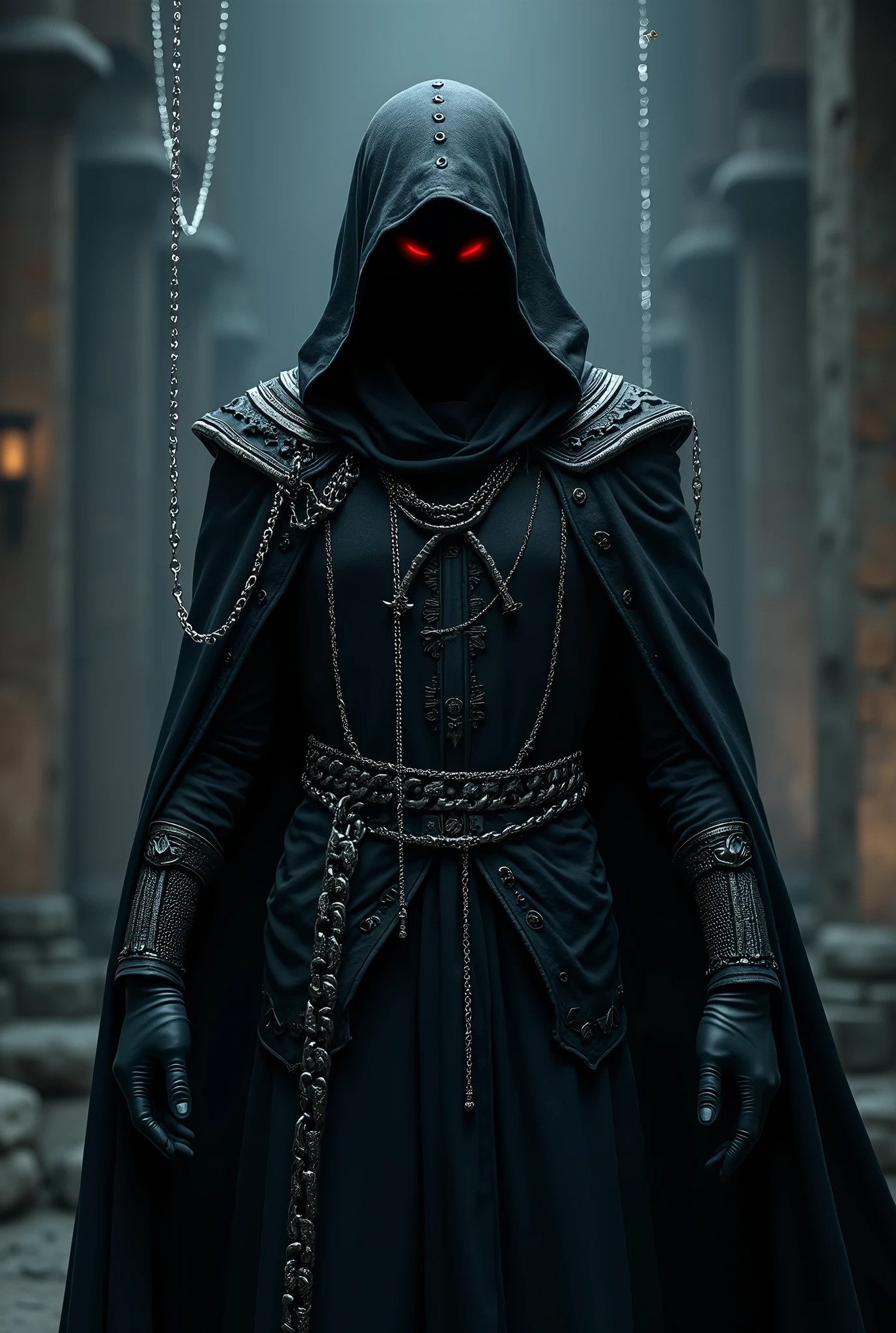A jet-black assassin clad in chains、Medieval Assassin、((Silver chains floating in the dark night))、Red eyes、Black hood
