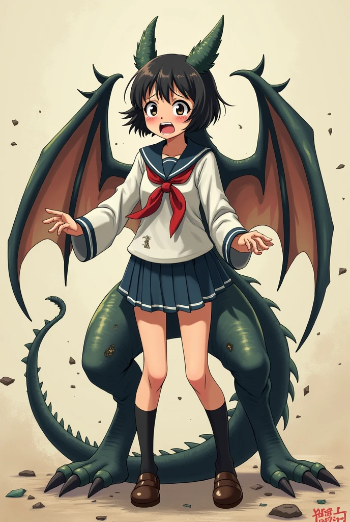 A girl's lower_body is transforming into a dragon(four legs)(scared)(Japanese anime style)(scared and crying)(dragon wings)(dragon angles)(dragon ears)(broken student costume)(dragon 1:5)