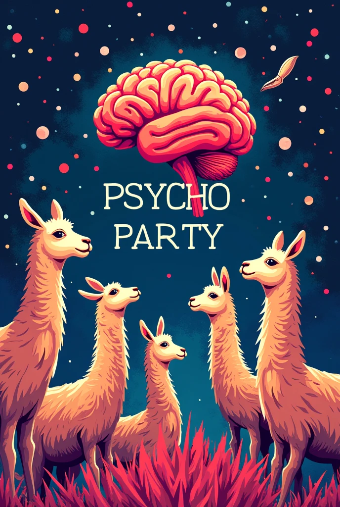 party poster, club, psychology, psycho party, poster, bright colors, brain, lots of free space for text, vector, vector style, minimalism, text psycho party in the center, party, hangout, science, llamas at a party