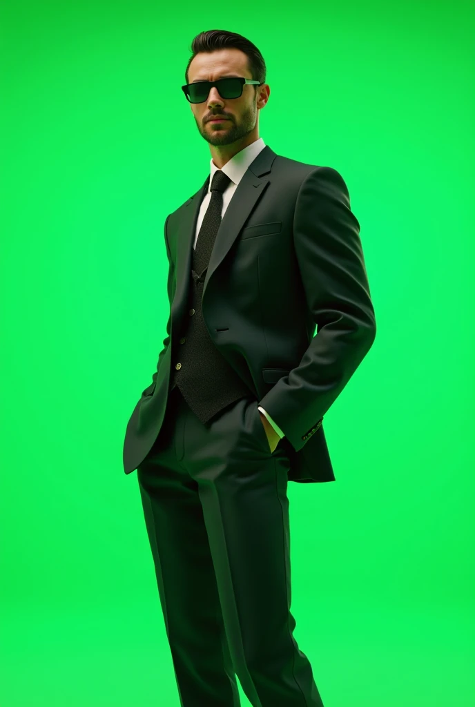 Can you make 3d pose character game survey front and back green screen background and the theme is cyber nostalgia debonair male
