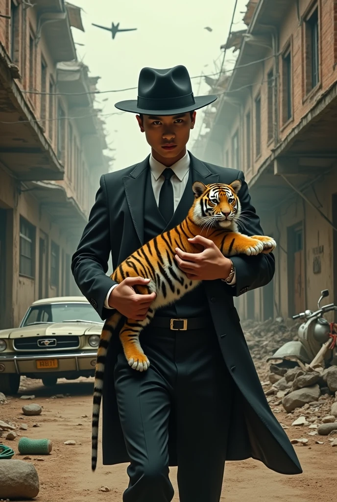 poster film action,Portrait of an 1 young Asian man wearing a mafia outfit holding a young woman and a small tiger cub,in a ruined building,api,car,motor,aircraft,ledakanreal best quality
