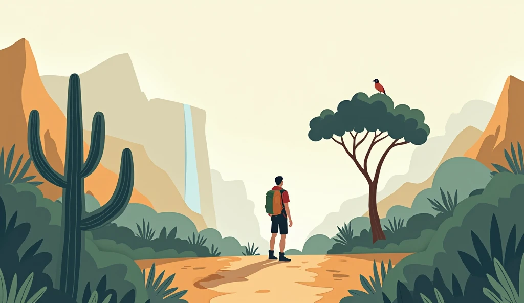 Minimalist drawing with only 4 elements: on the tropical dry forest with 4 elements, 1 hiker starting a trail next to a cactus, 2 the path the walker takes 3 a waterfall in the middle of nature. 4 a bird on a ceiba tree in the tropical dry forest.