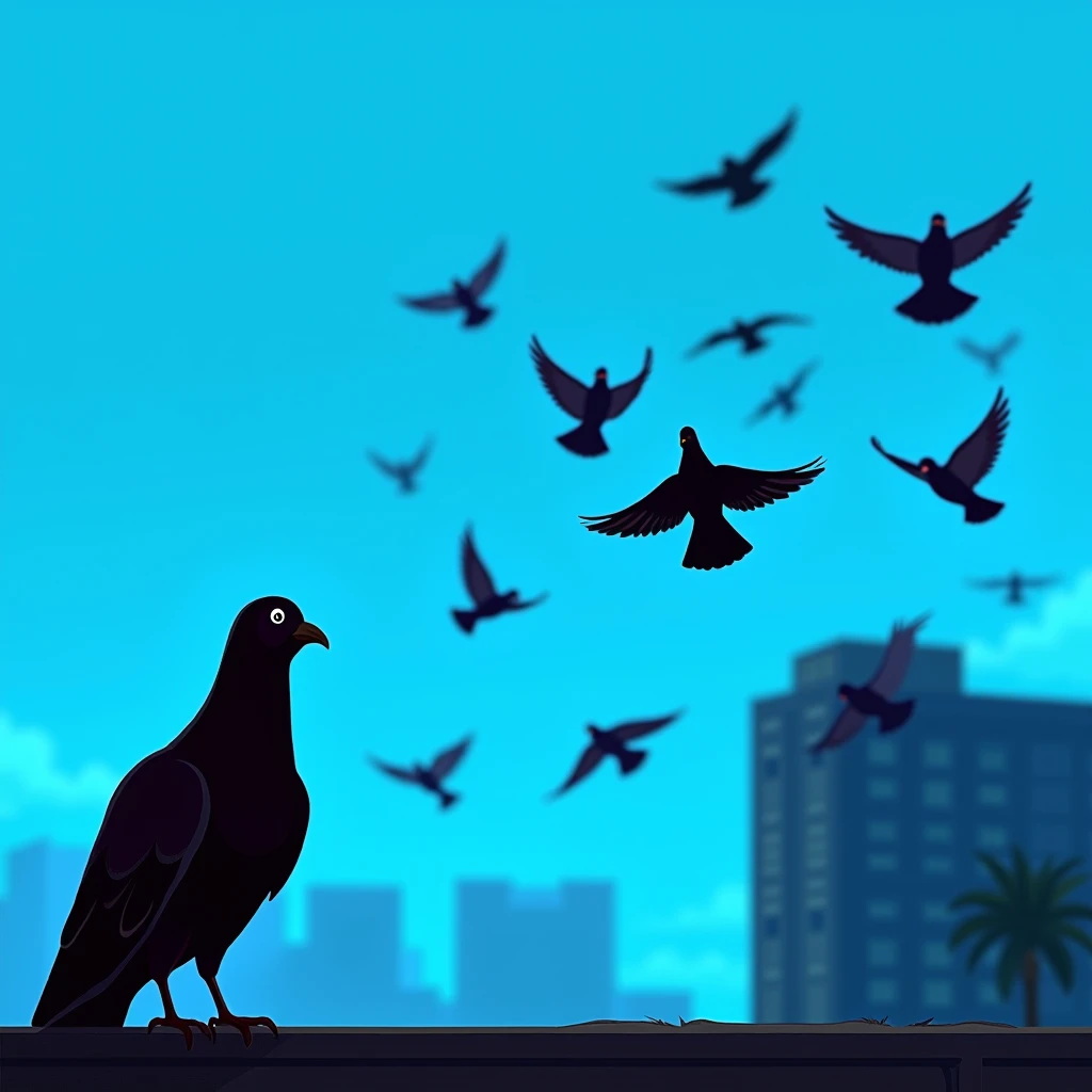 Black shadow of a pigeon watching pigeons flying away, cartoon, Vice City GTA, blue background