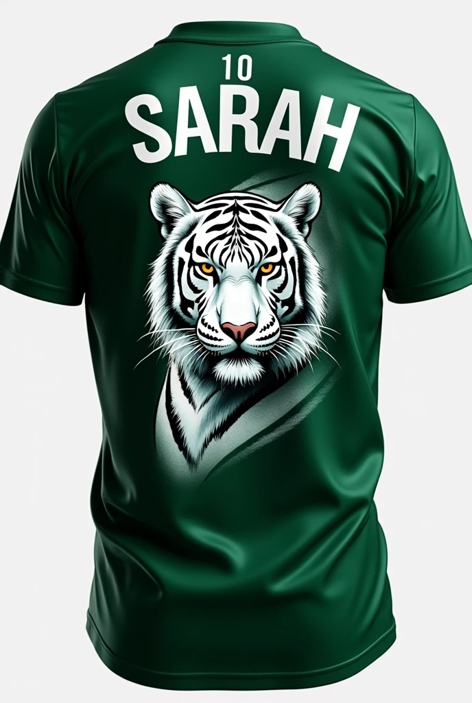 Generate a dark green shirt pattern for an interclass, that has a white tiger with Sarah written on the back and the number 10 on top 