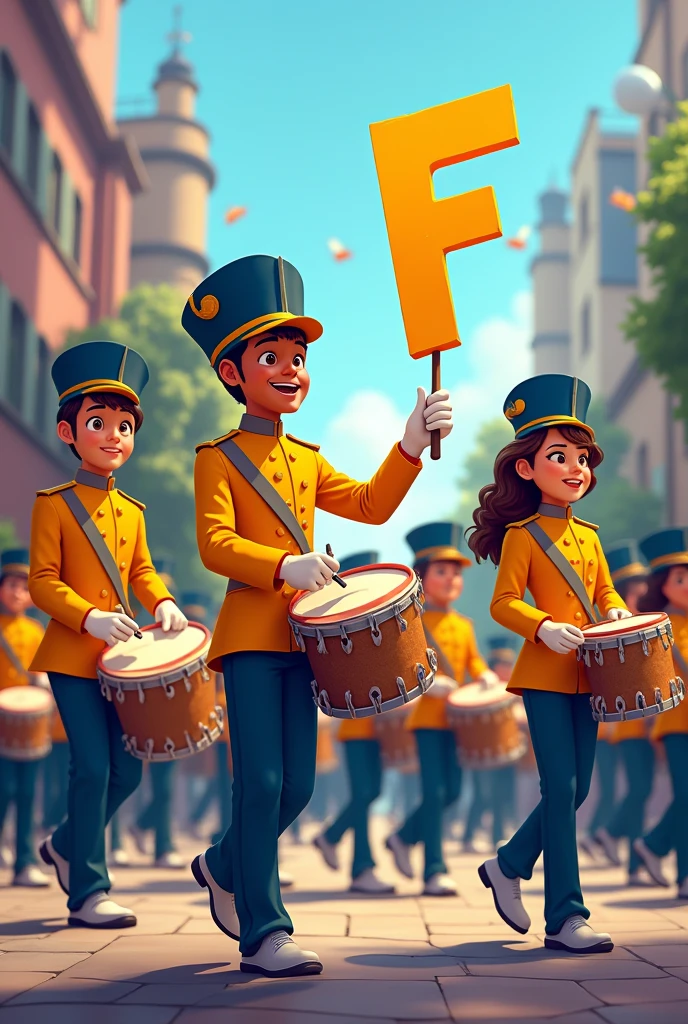 A marching band with several people and them in a row with the drum instruments in their hands playing, and their clothes are yellow with dark blue and the name F in the picture, and the image in the form of a Disney cartoon 