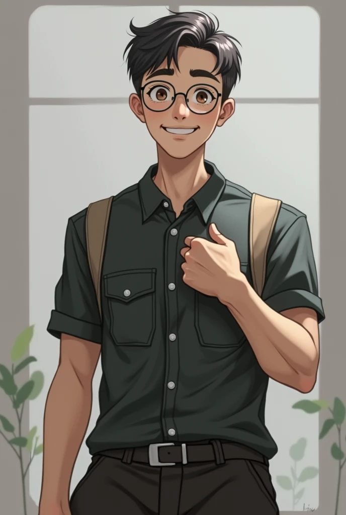 I want a man with thick eyebrows and full mouth with round glasses in anime style and Black Brown eyes and a short hair and smiling