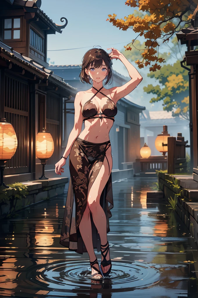 Exquisite slender thin gentle girl (with a perfect, very beautiful gentle face of the southern type) with short burgundy hair with a ruby earring (nude) standing with tender breasts and pink nipples (barefoot) with pubic hair in the rain in the garden near a brick house on a warm summer evening with a glass of white wine (on another planet), big space eyes, imitation of film photography, Discreet shades, warm golden and olive sunset light, warm sunset shades, blue open unbuttoned shirt on a girl