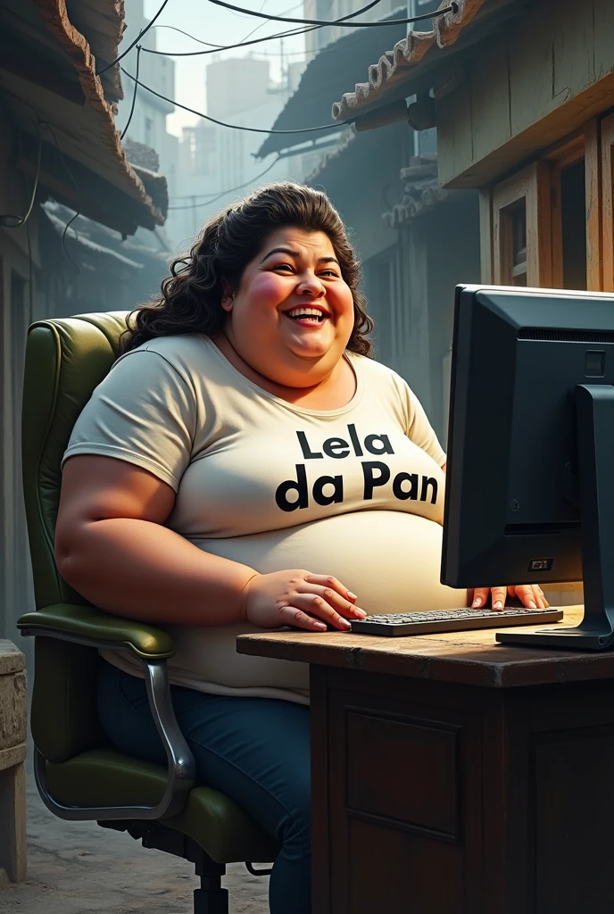 an extremely obese white woman in front of the computer in the favela with a shirt that says lela da pan and laughing