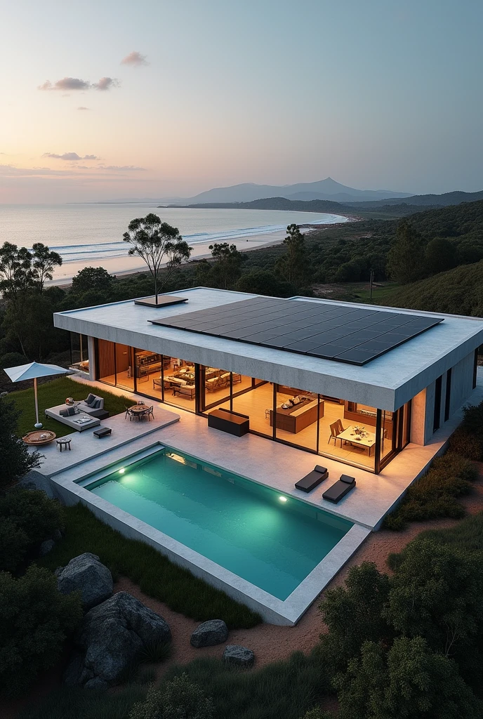 large luxury concrete house with helipad in a rural Western Australian coastal city, luxury house with solar panel on ceiling, has one garage with luxury cars, house with pool, one floor building, building with only one floor, house has living room, house has kitchen, house has lounge, house has dining room, close to mining towns, cyclone-proof, safe, safe from storms, drone shot from above, ultrarealistic, soft lighting, 8k