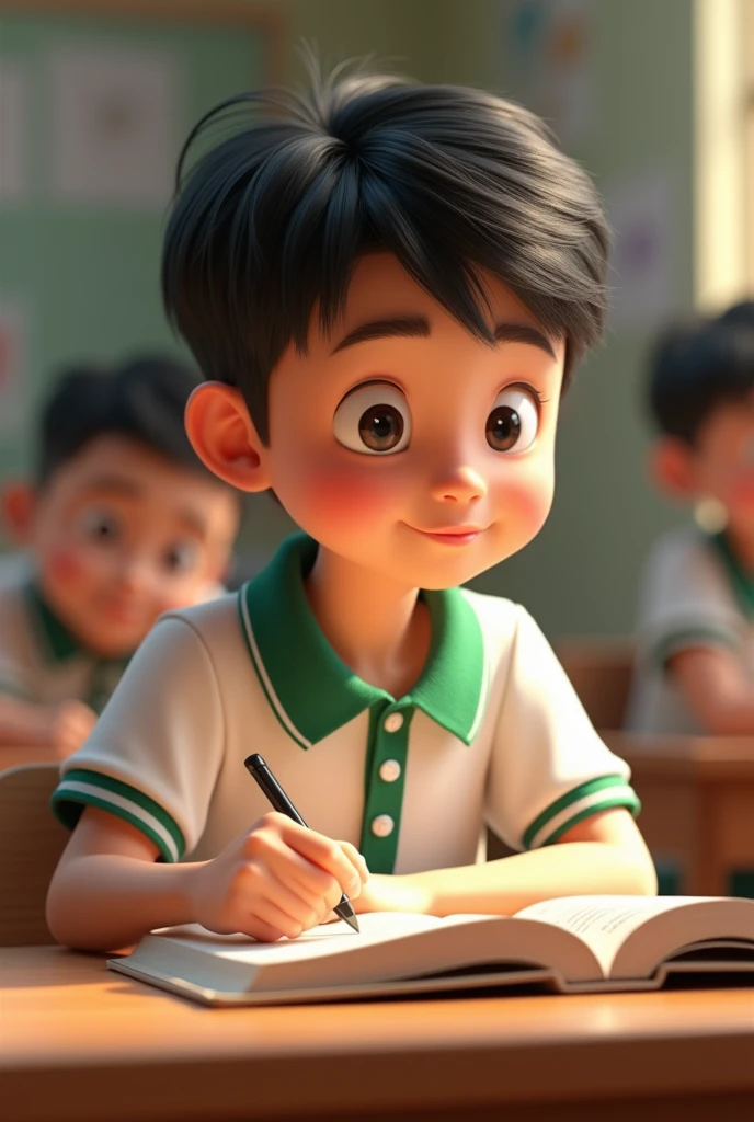boy with black slanted eyes, by lacio PiXAR 3D style, White polo shirt with green collar and sleeves with green edges School background sitting studying literature