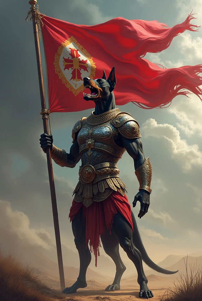 make a strong humanoid Doberman raising Vasco da Gama&#39;s Maltese cross in the form of a flag using Roman armor and roaring 