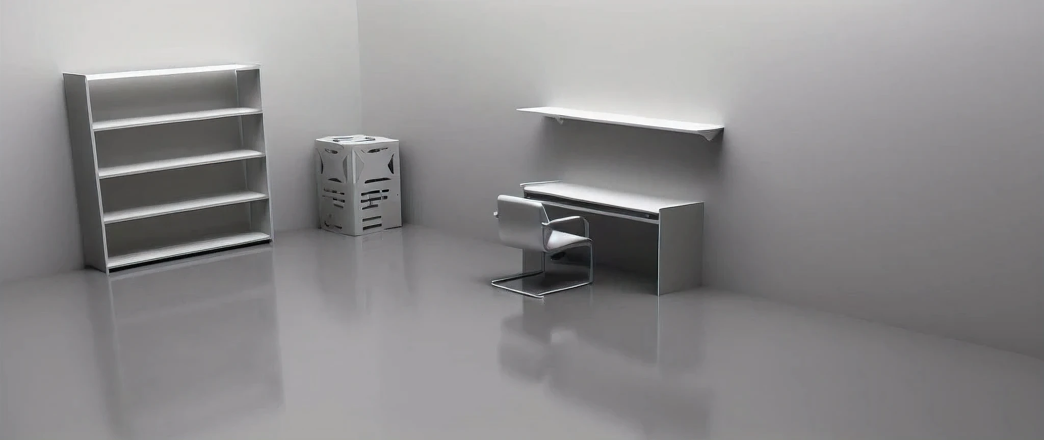 The white-walled room has a table and shelves, minimalist desk, Product rendering, minimalist home office, minimalist furniture, 3d minimalistic, simplistic design, product design render, 3 d product render, flat minimalistic, clean 3 d render, furniture concept photo!!, very realistic 3 d render, photographic render, 3d minimalistic art, desks