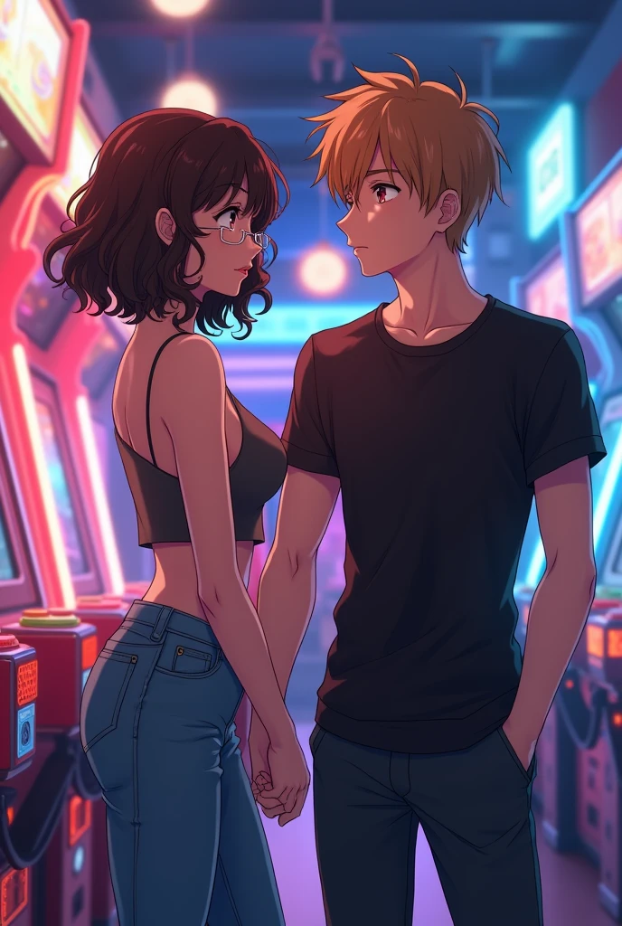 Anime style, arcade friendly date, girl with slightly curly dark brown hair and glasses,her clothes are a bit revealing her breasts but wears baggy jeans and the boy has light brown hair and wear an all black outfit while his shirt is tight 